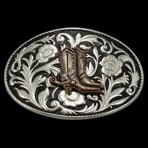 Western Cowboy Boots Floral Engraved Belt Buckle‎ Vintage Style Made in USA